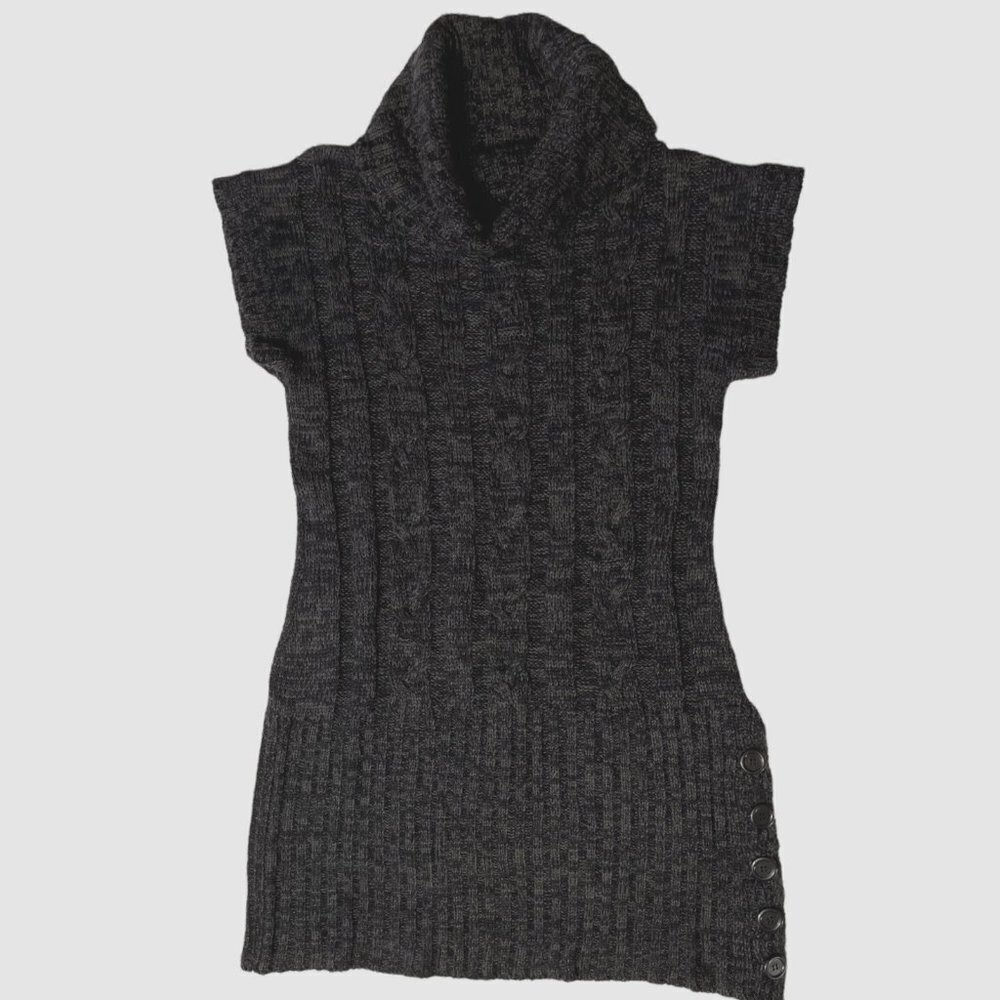 CHANCES R Women's Cowl Neck Sweater Dress Large Grey Buttons Short Sleeves EUC